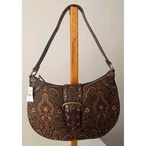 Coldwater Creek Regal Hobo Shoulder Bag Brocade Faux Leather Metal Grommets NWT